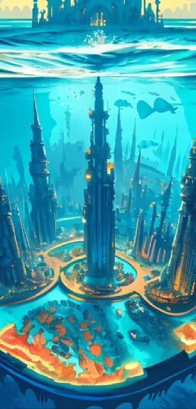 Futuristic underwater cityscape with glowing towers and ocean background.