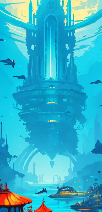 Futuristic underwater cityscape in vibrant blue tones.