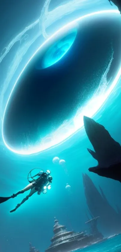 Futuristic underwater scene with scuba diver exploring glowing UFO.