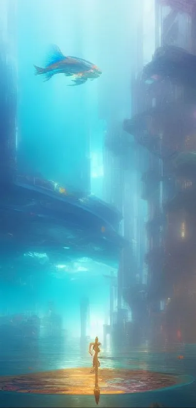 Futuristic underwater city with vibrant marine life.