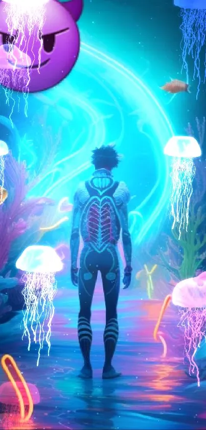 Futuristic neon underwater scene with humanoid figure.