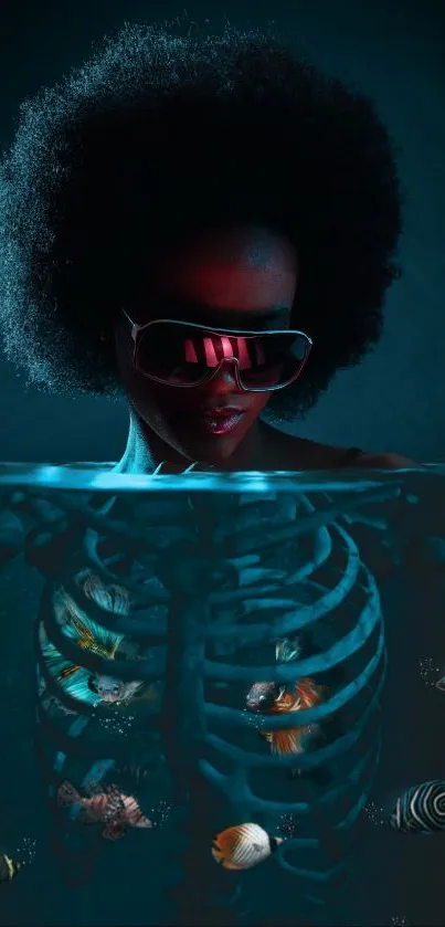 Futuristic underwater portrait with neon fish in dark teal tones.