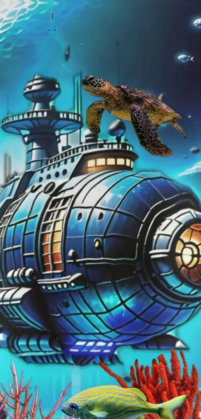 Futuristic submarine in vibrant ocean artwork with marine life.