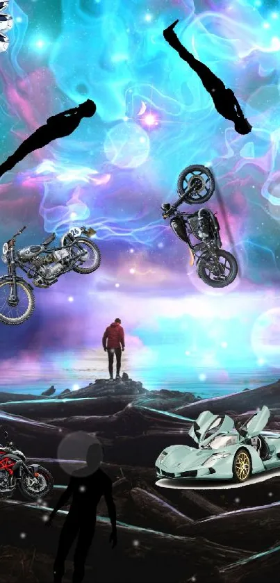 Surreal dreamscape wallpaper with cosmic sky and motorcycles.