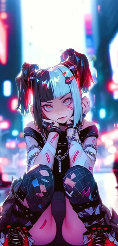 Anime character in a neon-lit urban street.