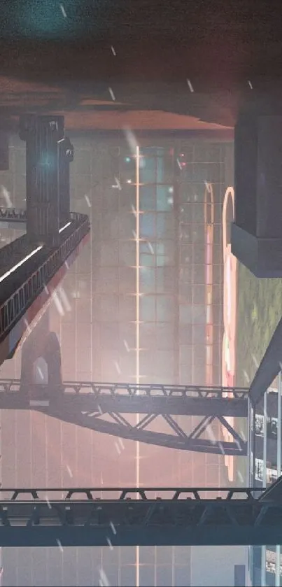 Futuristic cityscape with neon lights and towering architectural designs.