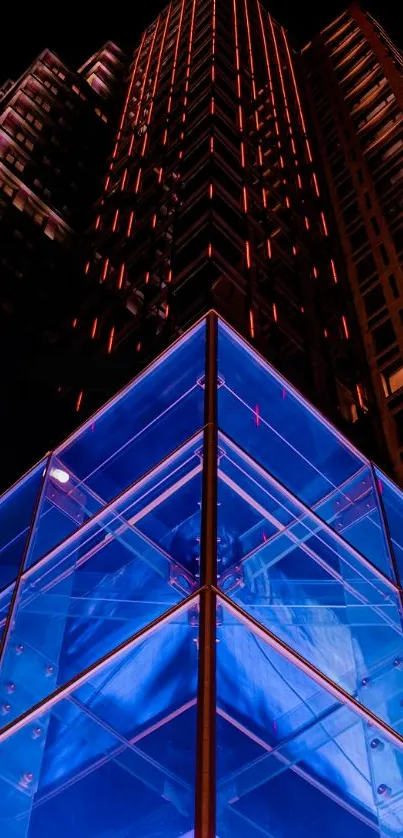 Blue and orange urban nightscape with vibrant architecture.