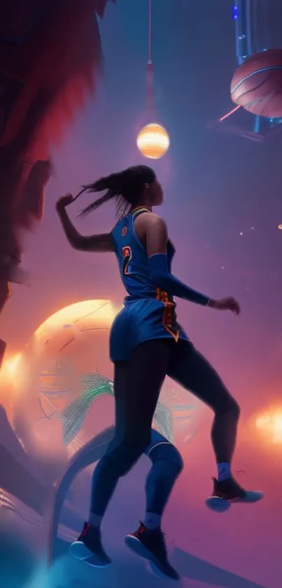 Futuristic basketball player in a sci-fi urban setting.