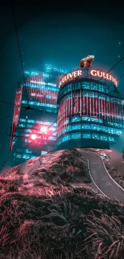 Surreal urban scene with bears in futuristic neon city.