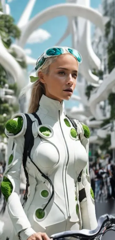 A futuristic biker in white gear amidst a modern, vibrant cityscape.