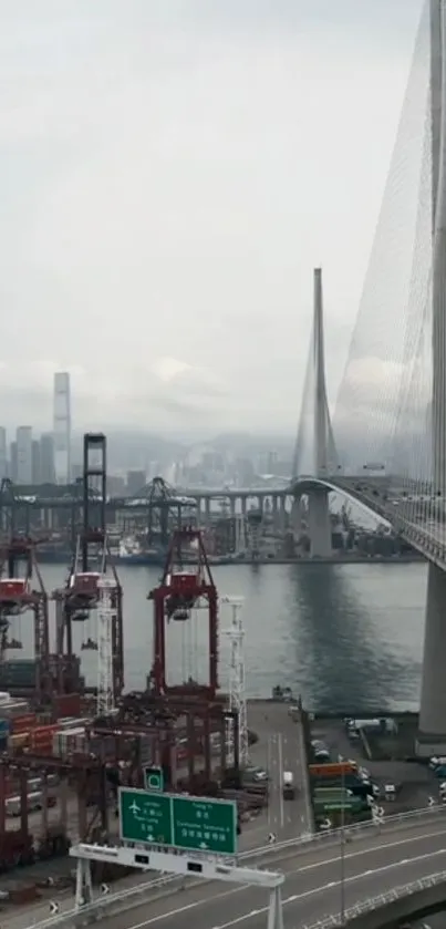 A modern bridge overlooking a city skyline and port with cranes.