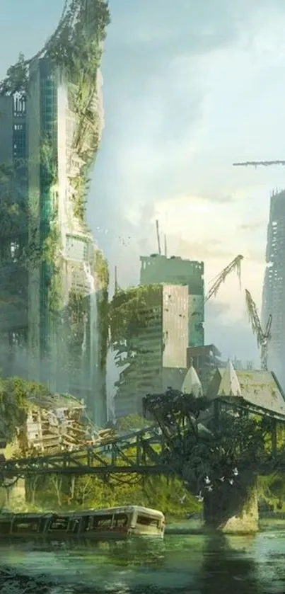 Futuristic cityscape consumed by nature with overgrown buildings.