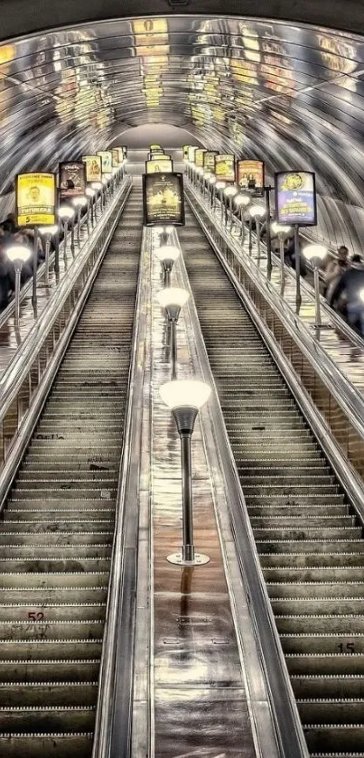 Futuristic escalator view with bright lights and urban setting.