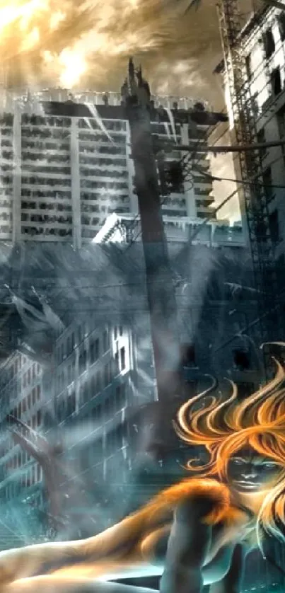 Futuristic urban fantasy art with an ethereal figure and dramatic cityscape.