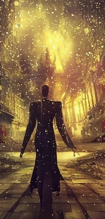 Futuristic figure in glowing golden cityscape.