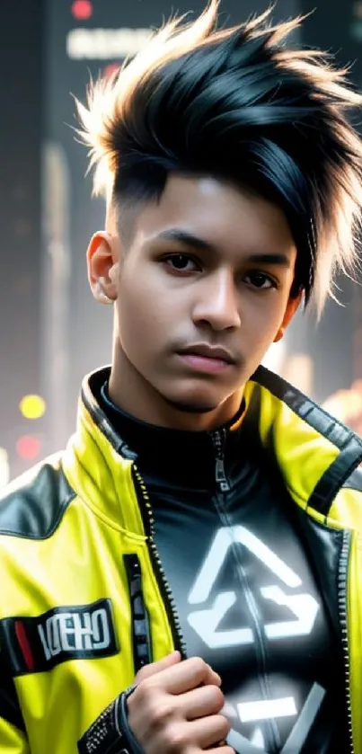 Youthful urban fashion portrait with a yellow jacket in a modern cityscape.