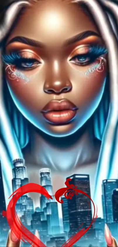 Illustrated futuristic woman in cityscape with white hair and blue tones.