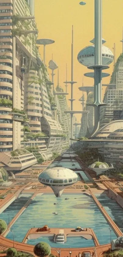 Futuristic cityscape with skyscrapers and greenery under a yellow sky.
