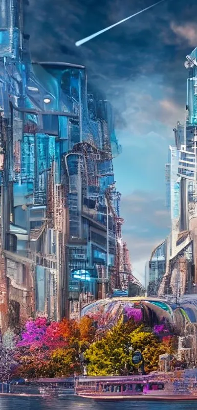 Futuristic cityscape with tall skyscrapers and vibrant colors.