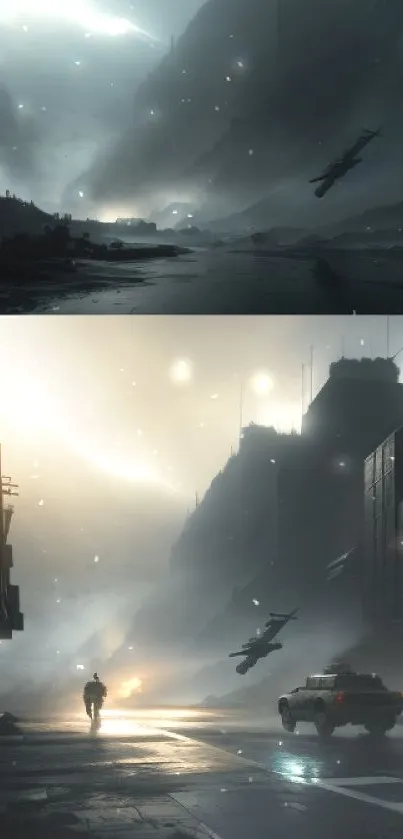 Futuristic urban cityscape with misty streets and dramatic lighting.