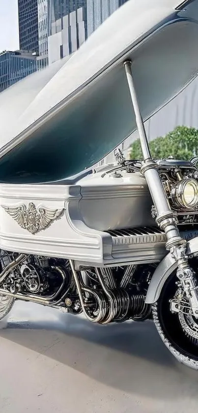 Futuristic silver motorcycle with urban background.