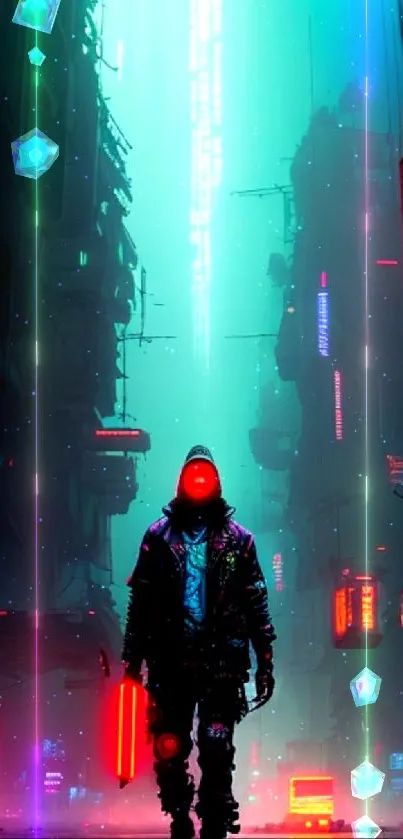 Futuristic urban scene with neon lights glowing.