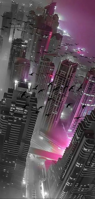 Futuristic cityscape with pink glow and skyscrapers at night.