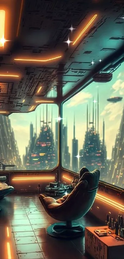 Futuristic urban lounge with cityscape view.