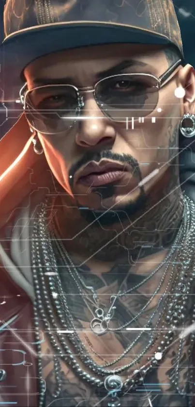 Futuristic urban portrait of a stylish man with digital elements.