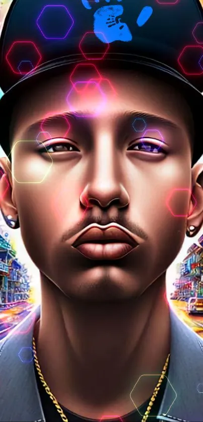 Futuristic urban portrait with neon lights in vibrant cityscape.