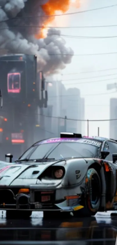 Futuristic racecar in a cyberpunk city with fiery elements.