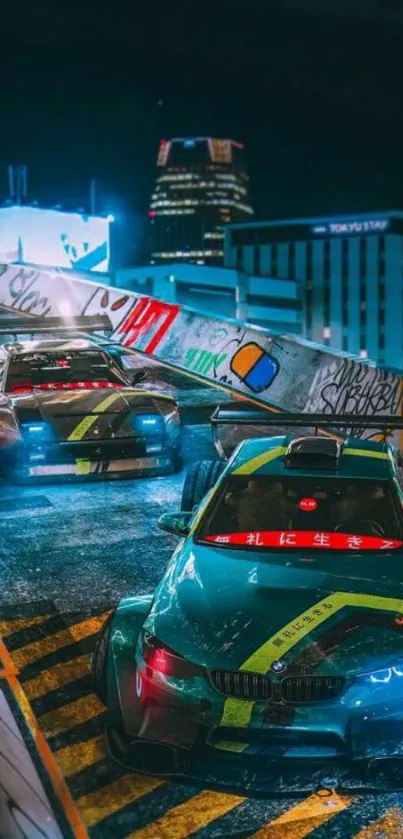 Futuristic sports cars racing at night on neon city track.