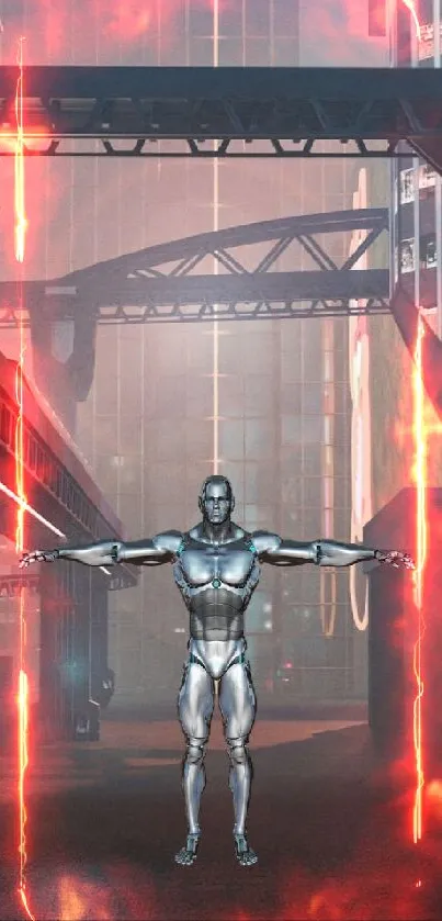 Futuristic city scene with a metallic humanoid in a cyberpunk setting.