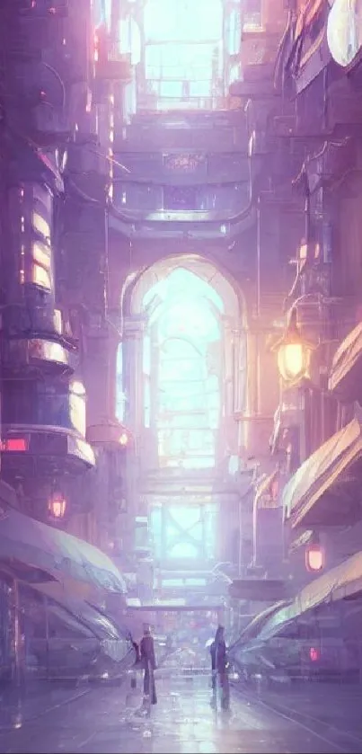 Futuristic cityscape with neon lights and tall architecture in a sci-fi setting.