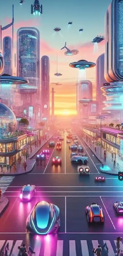 Vibrant futuristic city with hovering cars and towering buildings at sunset.
