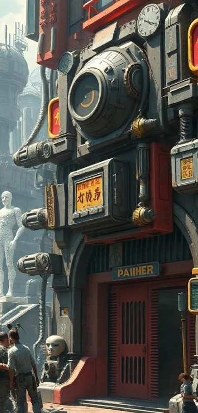 Futuristic urban sci-fi building with human statue and tech elements.
