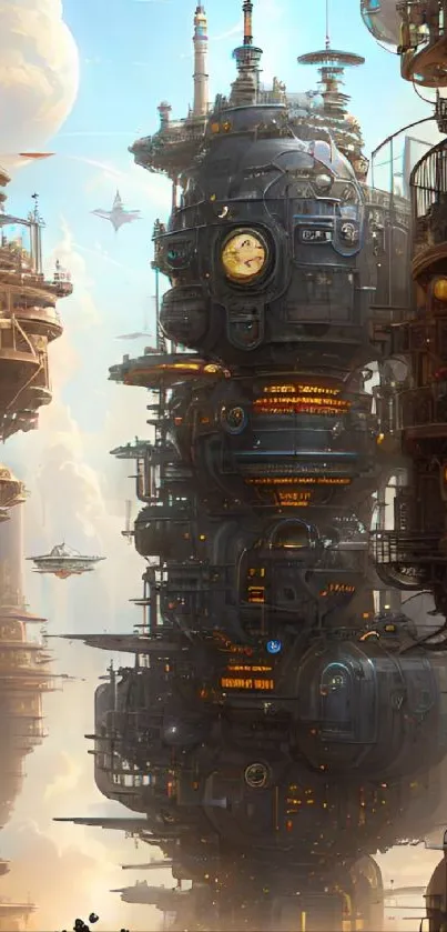 Futuristic skyline art with mechanical and flying elements.