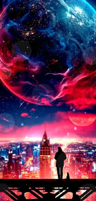 Cosmic cityscape with vibrant colors and silhouetted figures.