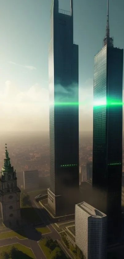 Futuristic skyline with skyscrapers and green park under sunlight.