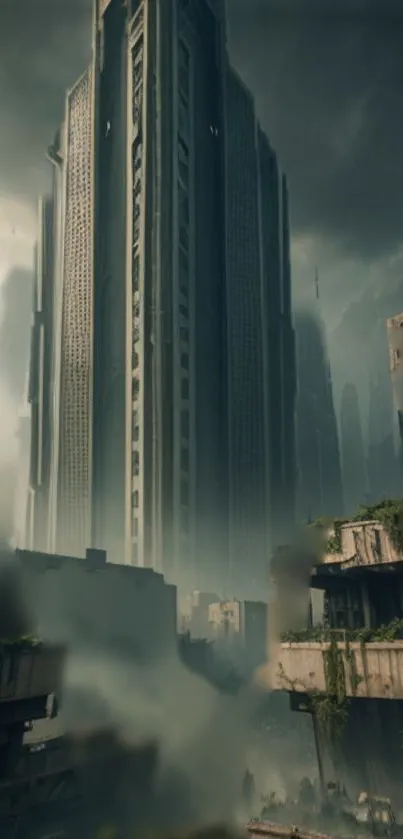 Futuristic urban skyline with tall buildings and misty atmosphere.