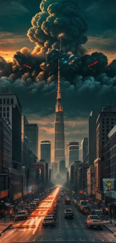 Futuristic city skyline with dramatic clouds and skyscrapers.