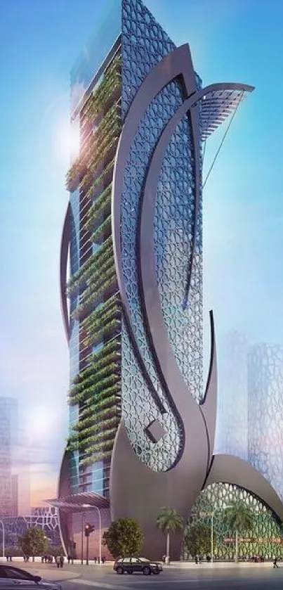 Futuristic skyscraper in an urban setting with blue sky.