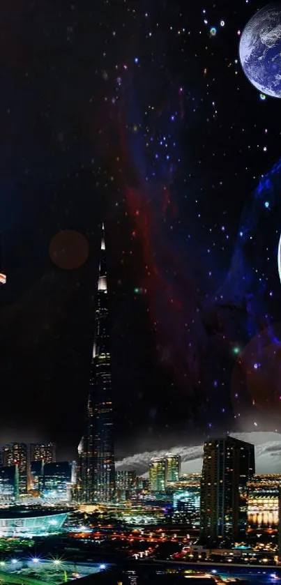 Futuristic skyline with planets over city at night.