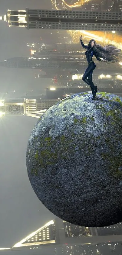 Futuristic cityscape with figure on sphere and glowing lights.