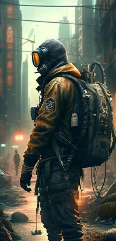 Futuristic survivor in dystopian cityscape.