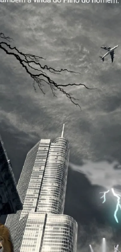 Futuristic cityscape with lightning and skyscrapers under gray stormy sky.