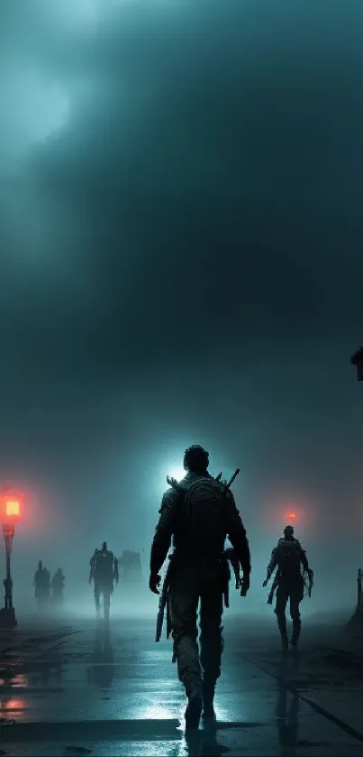 Futuristic silhouette in foggy cityscape with glowing streetlights.