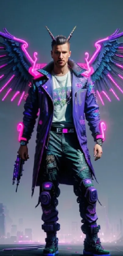 Futuristic warrior with neon wings in a cyberpunk cityscape.