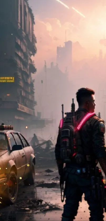 Futuristic warrior stands in a neon-lit apocalyptic city, ready for action.