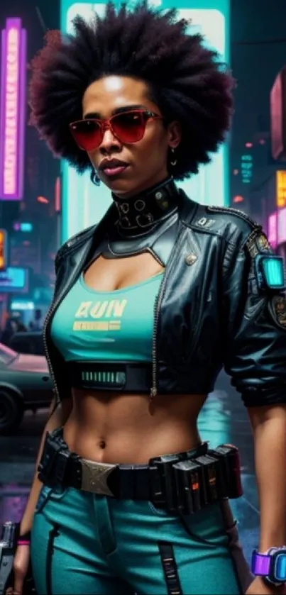 A stylish urban warrior in a futuristic neon cityscape.